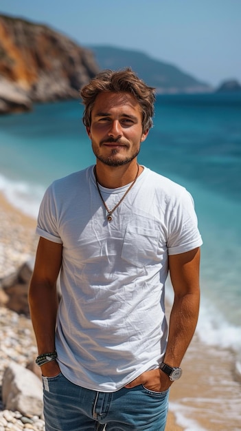 Hombre caucásico en el fondo de la playa de arena del mar