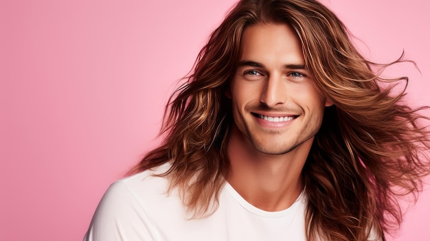 Hombre caucásico guapo, elegante, sexy y sonriente con piel perfecta y cabello largo en un fondo rosa.