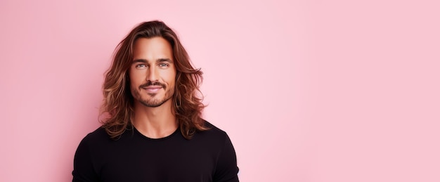 Hombre caucásico guapo, elegante, sexy y sonriente con piel perfecta y cabello largo en un fondo rosa.