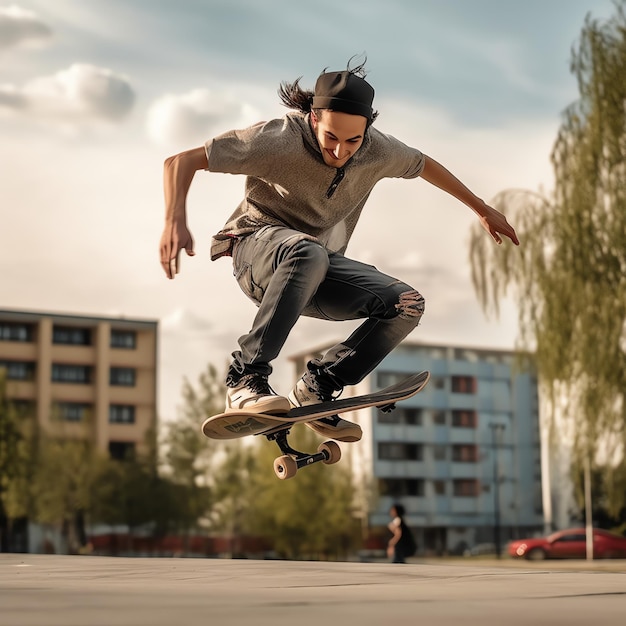 Un hombre caucásico haciendo trucos o saltando en patineta en la calle