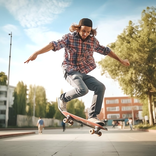 Un hombre caucásico haciendo trucos o saltando en patineta en la calle