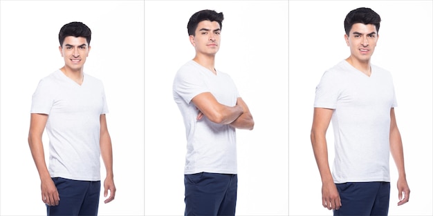 Hombre caucásico joven en el área vacía en blanco camiseta blanca Jeans pararse y posar brazos manos con sentimiento feliz sonrisa fuerte, fondo blanco aislado, concepto de grupo de collage de retrato