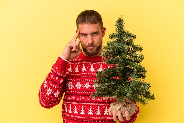 Hombre caucásico joven comprando arbolito para Navidad aislado sobre fondo amarillo señalando el templo con el dedo, pensando, centrado en una tarea.