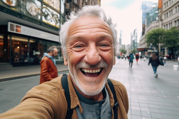 hombre caucásico mayor expresión feliz y sorprendida fondo de la ciudad