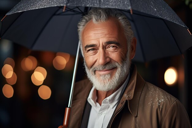 Hombre caucásico mayor feliz con paraguas mientras camina al aire libre en un día lluvioso de invierno