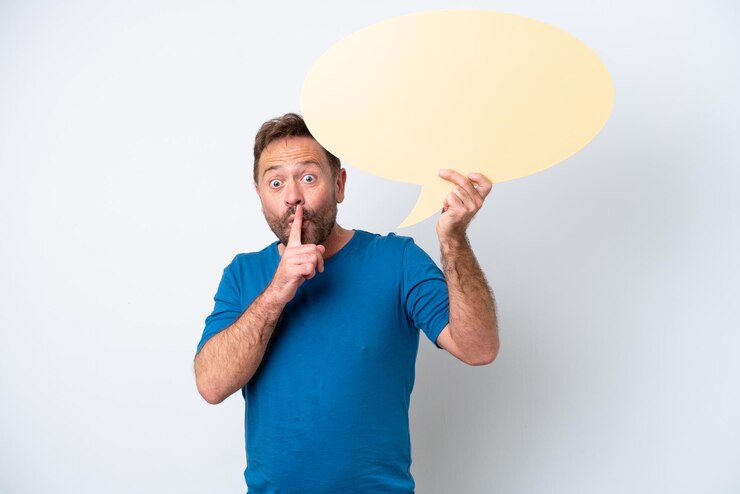 Foto hombre caucásico de mediana edad aislado de fondo blanco sosteniendo una burbuja de habla vacía y haciendo un gesto de silencio