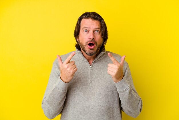 Hombre caucásico de mediana edad en amarillo apuntando hacia arriba con la boca abierta.