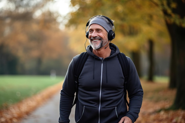 Un hombre caucásico de mediana edad durante un paseo por el parque de otoño camina al aire libre con tu favorito