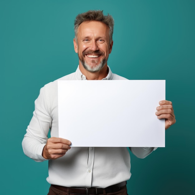 hombre caucásico de mediana edad sosteniendo papel blanco en blanco sobre fondo verde azulado