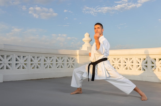 Foto hombre caucásico practicando karate en un palacio en un amanecer