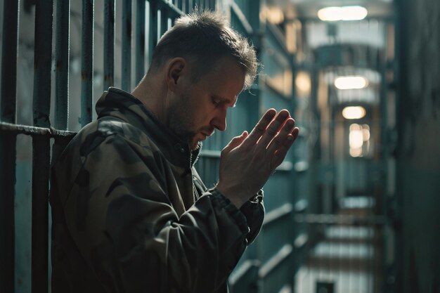 Foto hombre caucásico reza a dios en una prisión oscura efecto cinematográfico