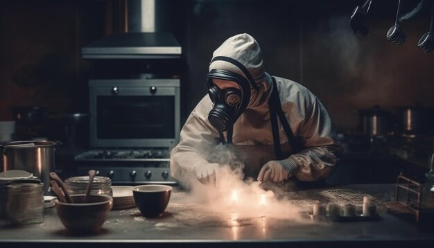 Hombre caucásico con ropa de trabajo protectora sosteniendo metal generado por IA