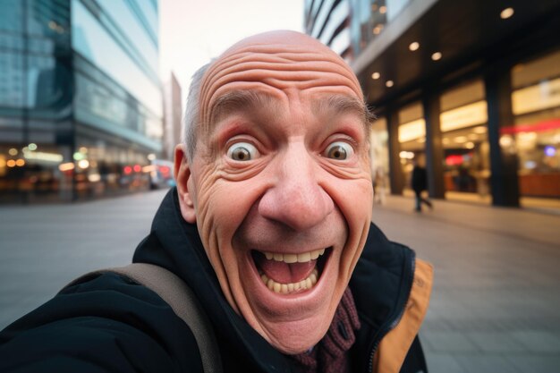 hombre caucásico senior expresión feliz y sorprendida fondo de la ciudad