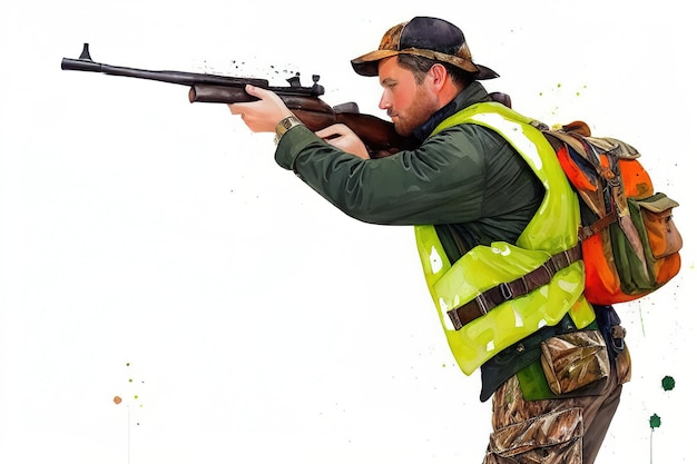 Hombre cazador camuflado con un arma durante la caza en busca de aves silvestres o juego generativo ai