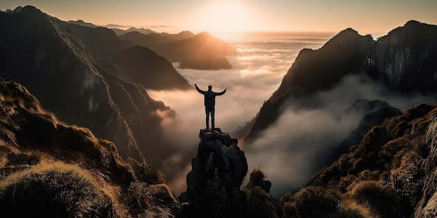 Hombre celebrando en la cima de la montaña