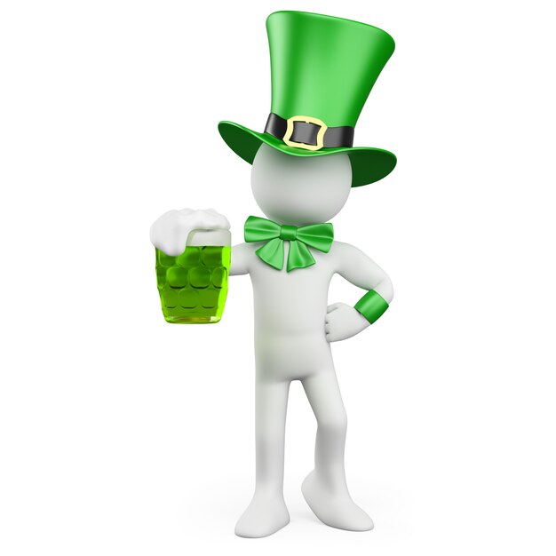 Hombre celebrando el día de San Patricio con una cerveza verde y un sombrero