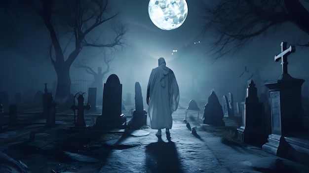 Un hombre se para en un cementerio bajo la luna llena.