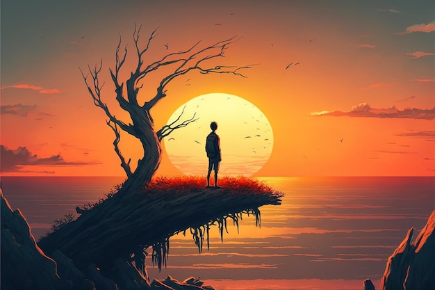 Un hombre cerca de un árbol mira la puesta de sol Hombre parado en una rama gigante mirando la puesta de sol en el horizonte Pintura de ilustración de estilo de arte digital