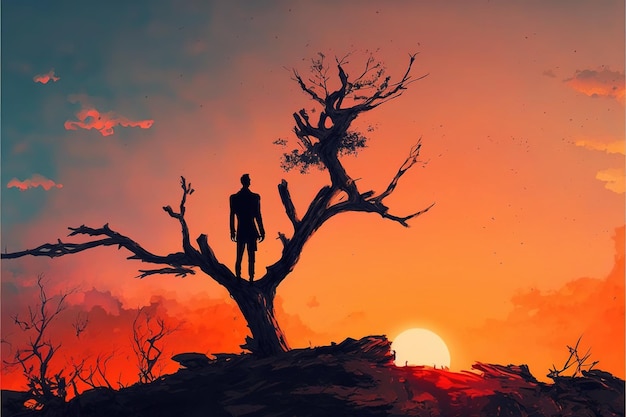 Un hombre cerca de un árbol mira la puesta de sol Hombre parado en una rama gigante mirando la puesta de sol en el horizonte Pintura de ilustración de estilo de arte digital