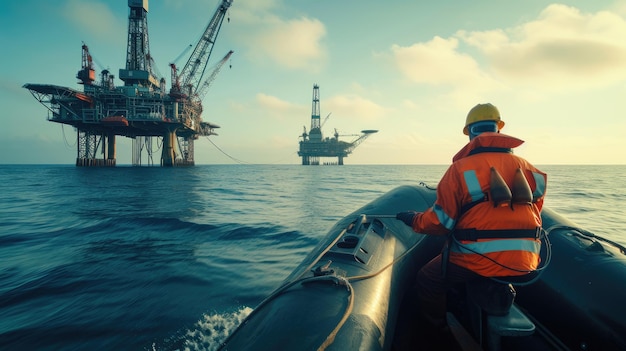 Hombre cerca de la plataforma petrolera oceánica sintiendo el viento rodeado de agua cielo y nubes AIG41