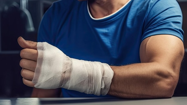 El hombre de cerca tiene una férula de desgaste de brazo roto con fondo de limbo