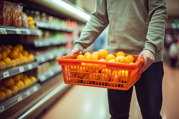 Hombre con cesta de la compra llena de naranjas tienda de comestibles en segundo plano IA generativa