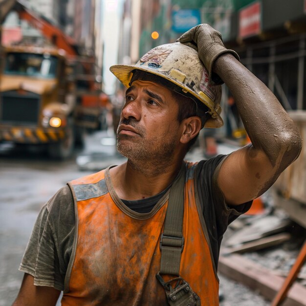 un hombre con un chaleco de construcción está usando un chaleco naranja con el número 1 en él