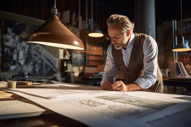 un hombre con un chaleco y gafas mirando un mapa del edificio