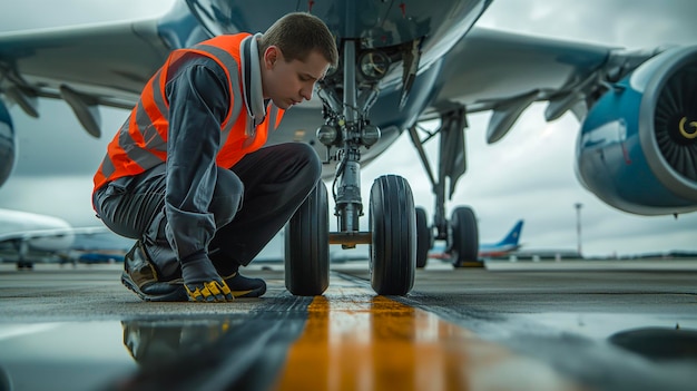 Foto un hombre con un chaleco naranja está arrodillado en el suelo al lado de un avión