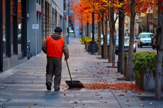 Foto un hombre con un chaleco naranja está barriendo las hojas de la acera