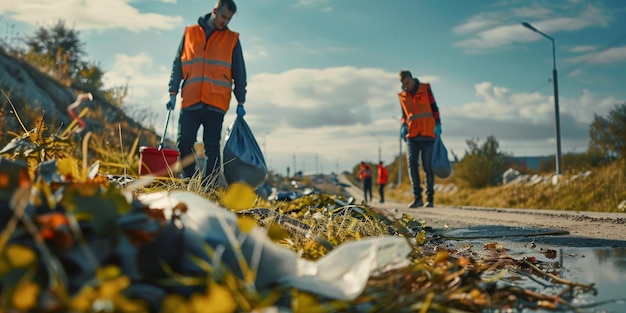 Un hombre con un chaleco naranja está recogiendo basura en el lado de la carretera