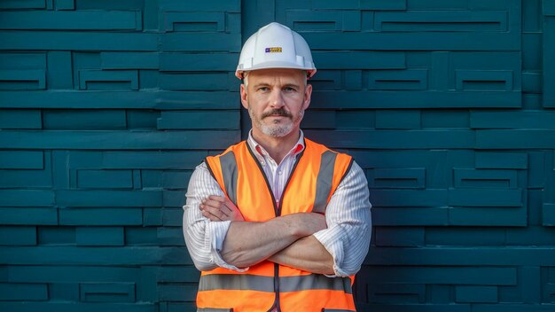 Foto un hombre con un chaleco naranja con la palabra quot la la en él