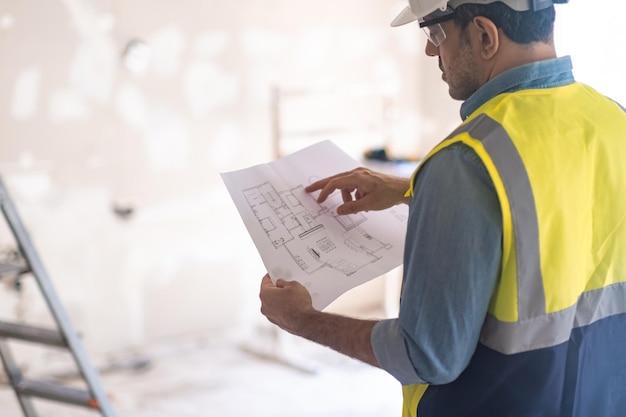 El hombre con chaleco revisa el dibujo del apartamento antes de comenzar el proceso de renovación