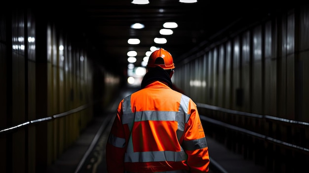 Un hombre con chaleco de seguridad camina por un túnel con las luces encendidas.