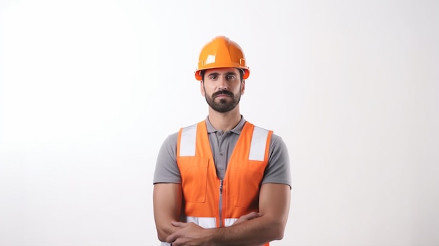 Un hombre con un chaleco de seguridad naranja está de pie con los brazos cruzados.