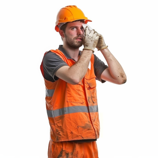 Hombre con chaleco de seguridad naranja con guantes