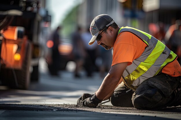 Foto un hombre con un chaleco de seguridad naranja trabajando en una calle