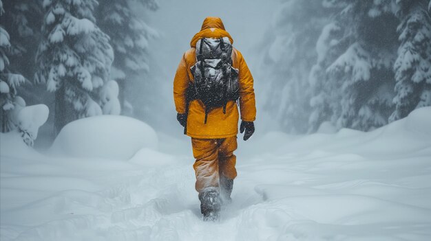 Hombre con chaqueta amarilla caminando en la nieve