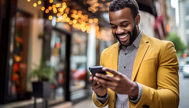 un hombre con una chaqueta amarilla está mirando su teléfono