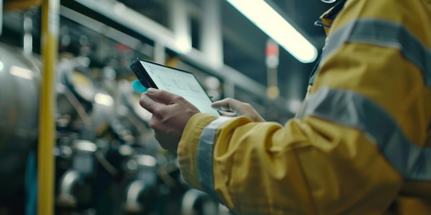 Un hombre con una chaqueta amarilla está usando una tableta para ver una pieza de equipo