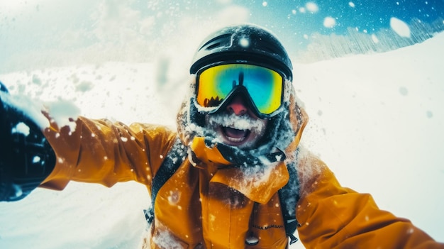 Hombre con chaqueta amarilla y gafas en la montaña cubierta de nieve IA generativa