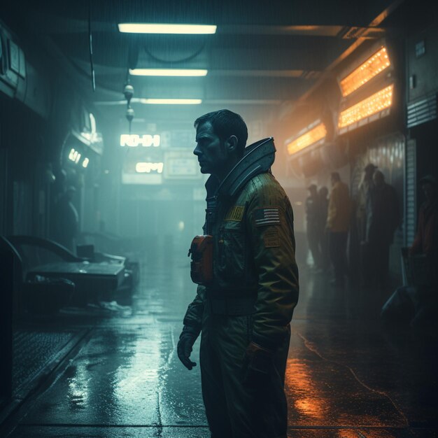 Un hombre con una chaqueta amarilla se para bajo la lluvia frente a un letrero de neón que dice 'cyberpunk'.