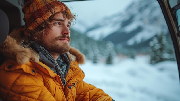 Hombre en chaqueta amarilla mirando por la ventana del coche en el paisaje de invierno