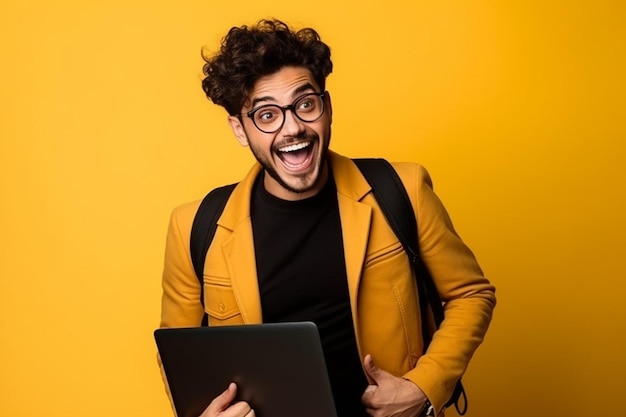 Un hombre con una chaqueta amarilla sostiene una computadora portátil y sonríe.