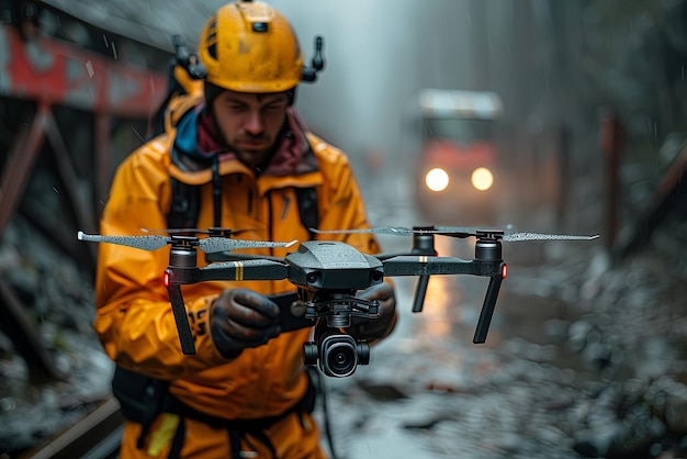 Foto un hombre con una chaqueta amarilla sostiene un dron en sus manos el dron se utiliza para filmar en la producción