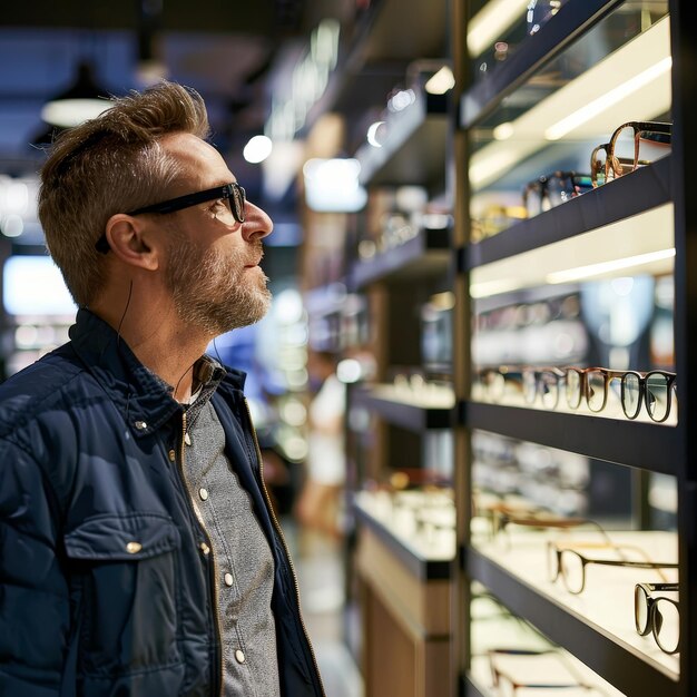 Un hombre con una chaqueta azul está mirando una exhibición de gafas