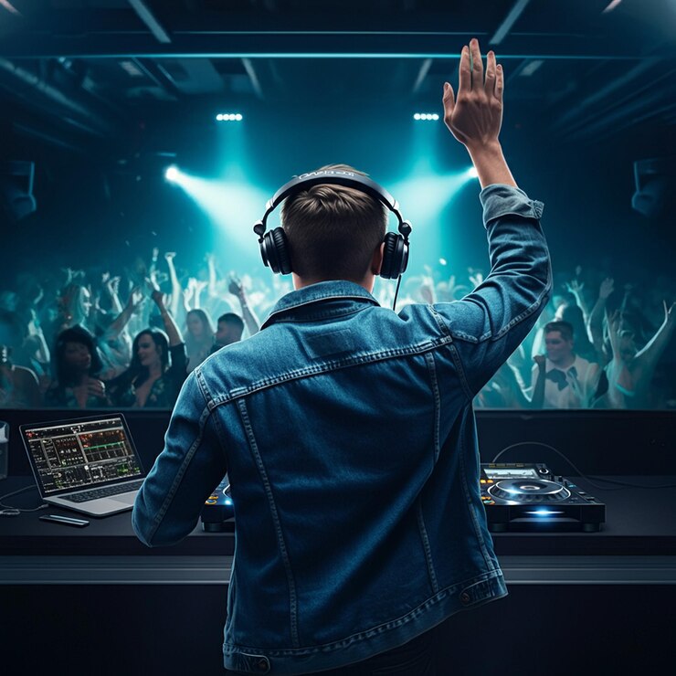 un hombre con una chaqueta azul está de pie frente a un DJ