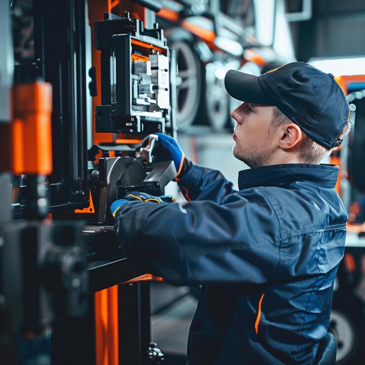 un hombre con una chaqueta azul está trabajando en una máquina