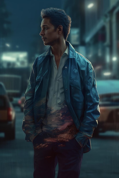 Un hombre con una chaqueta azul se para bajo la lluvia frente a una calle de la ciudad.
