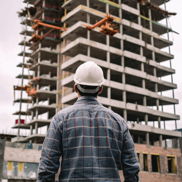 Foto un hombre con una chaqueta azul está de pie frente a un edificio en construcción